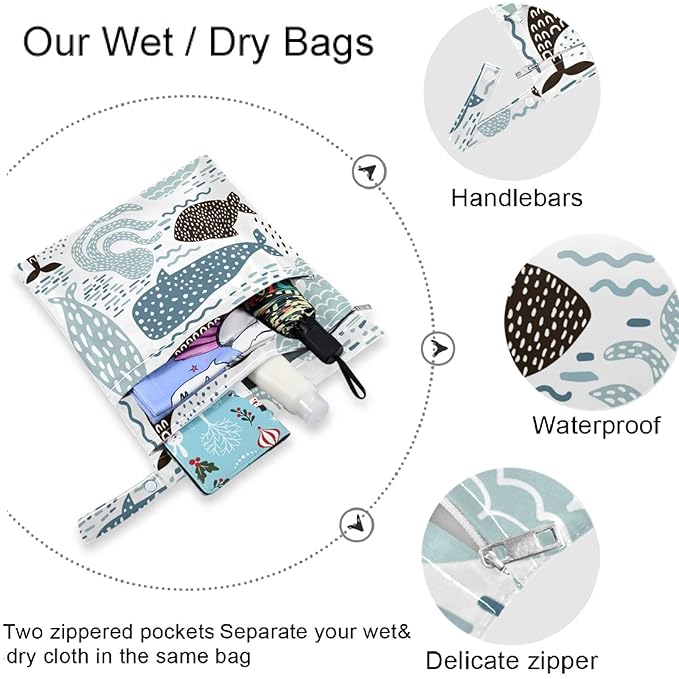 visesunny 2Pcs Wet Bag with Zippered Pockets Blue Whale Washable Reusable Roomy Diaper Bags for Travel,Beach,Pool,Daycare,Stroller,Diapers,Dirty Gym Clothes,Wet Swimsuits,Toiletries