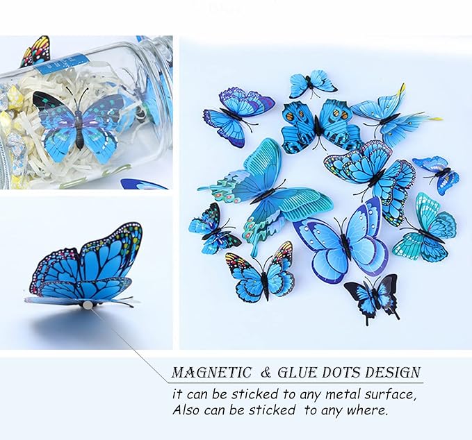 OPSEAM Butterfly Wall Decor 24/48 PCS, 3D Butterflies Stickers for Party Decorations with Magnets(Blue, 24)