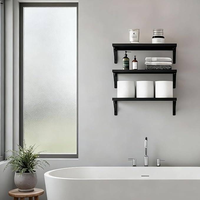 Fixwal Floating Shelves for Wall, Wood Wall Mounted Shelves for Bedroom, Bathroom, Living Room, Kitchen Storage and Decor(Black, Set of 3, 16.5 Inch)