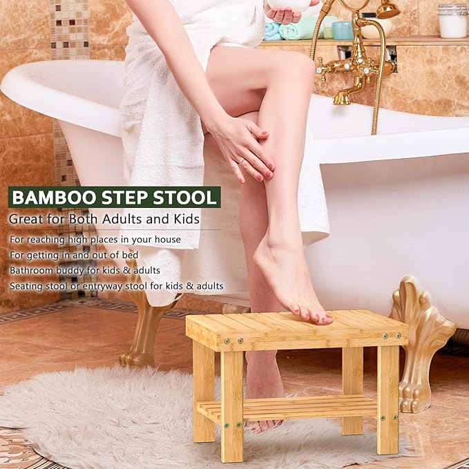 Wooden Step Stool for Kids Adults Small Wood Shower Foot Rest Stool Shaving Legs Potty Stool for Bathroom Sink Bed Kitchen