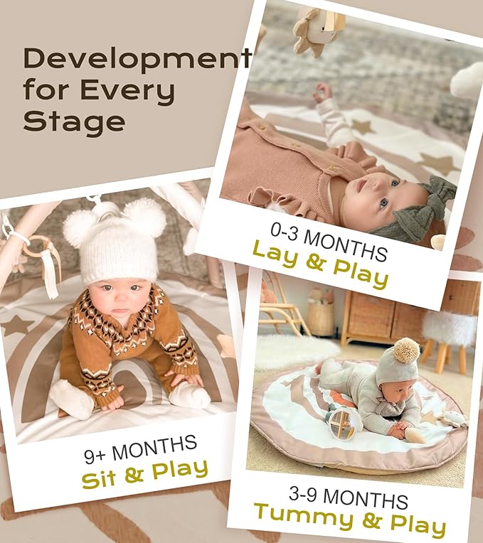 Little Dove Baby Play Gym Mat, Tummy Time Activity Mat with 7 Detachable Toys and 12 Milestone Cards for Stage-Based Sensory and Motor Skill Development, Washable Play Mats for Infant, Brown
