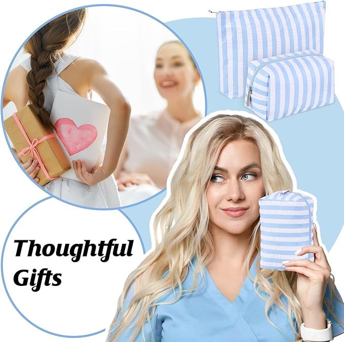 2 Pcs Makeup Bag Set Cute Cosmetic Pouch for Women Seersucker Travel Toiletry Bag Preppy Small Makeup Purse Pouch Aesthetic Skincare Brushes Storage Organizer for Valentine Women(Blue Wide)