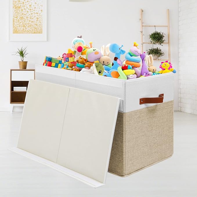 Gowee Large Toy Storage Box with Lid, Sturdy Toys Storage Chest Bin Organizer Basket with Dividers for Kids, Boys, Girls, Nursery, Closet, Bedroom, Playroom 25"x13" x16" (Beige and White)