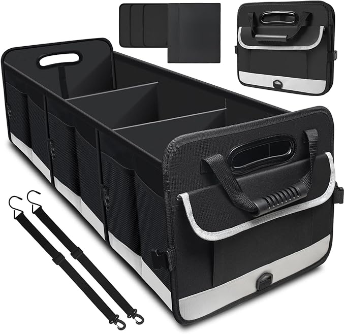Trunk Organizer for Car, 95L Large Capacity Storage with Non-Slip Bottom Strips and 2 Retractable Straps, Cargo Organizer for Suv, Truck, Sedan, Waterproof Portable Car Organizers for Women Men