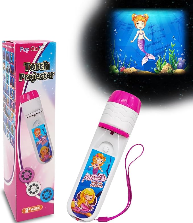 Pup Go Mermaid Projector Flashlight for Kids Ages 3+, Ideas Christmas Stocking Stuffers Gifts for Girls, Pink Fairy Little Mermaid Toys, 3 Discs 24 Images, Kid Night Light Projector