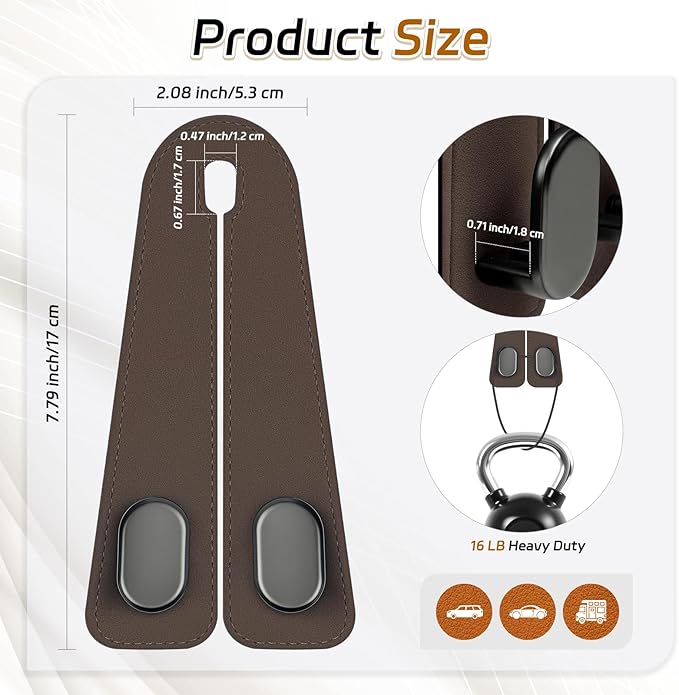Car Seat Headrest Hooks - 2 Pack Universal Car Purse Hook, Leather Car Bag Purse Holder with Double Metal Hooks for Handbags, Grocery Bags, Bottles, Phones