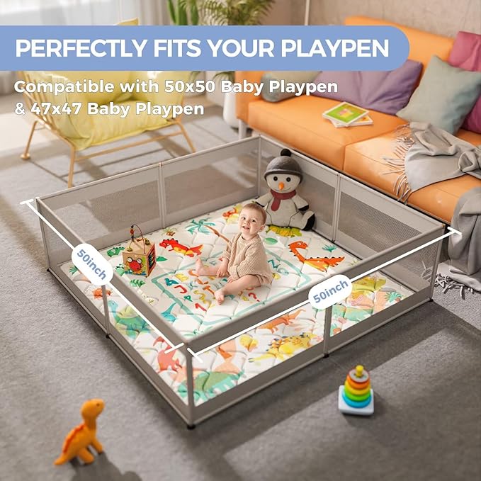 Baby Play Mat 50x50 Playpen Mat Upgraded Thicker Baby Floor Play Mat Waterproof Baby Playmat Cushioned Anti- Slip Crawling Mat for Babies Toddlers Infants Tummy Time(50x50, Letter Dino)
