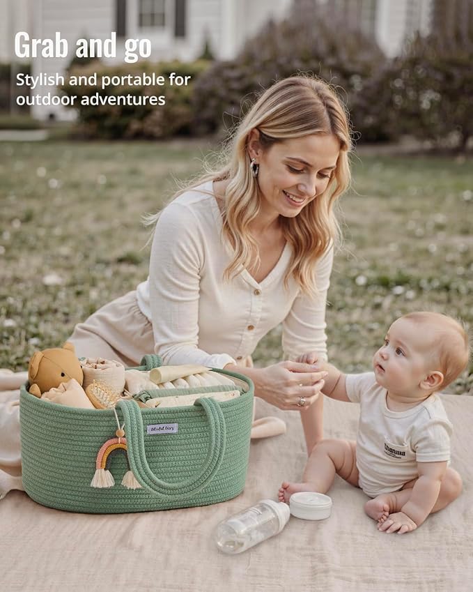 Blissful Diary Baby Diaper Caddy Organizer, Cotton Rope Diaper Caddy Basket, Oval Storage Basket, Gift for Baby Shower, Newborn Essentials, Green