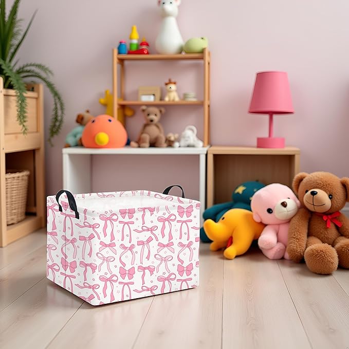 TIBAOLOVER Rectangular Kids Storage Basket for Home Kitchen Girls Cute Storage Bin Organizer Shelf Book Room Decor(Pink Bowknot)