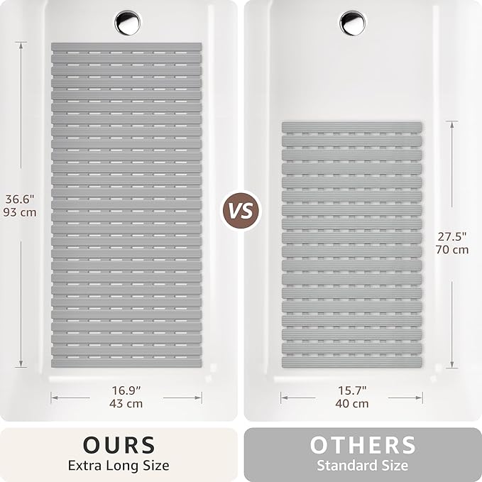 OTHWAY Anti Slip Shower Mat, 36.6" x 16.9" Soft Shower Mats for Inside Shower, Non Slip Shower Bath Mat for Tub with Suction Cups, Machine Washable Shower Floor Mat with Drainage Holes, Light Grey