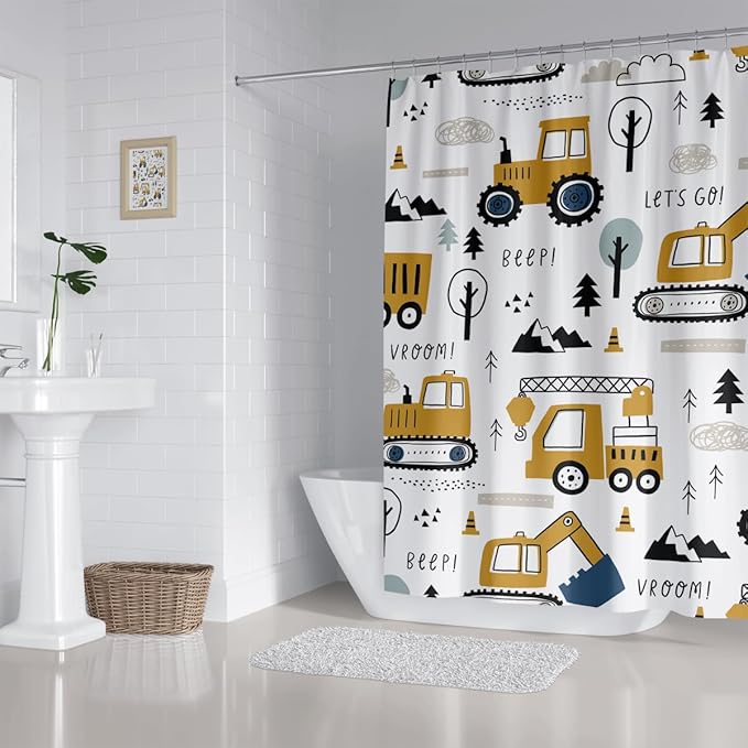 Construction Truck Shower Curtain Cartoon Excavator Vehicle Tractor Cars for Boys Kids Machinery Navy Blue Yellow Bathroom Decor Waterproof Fabric 72Lx72W Inch with Hooks