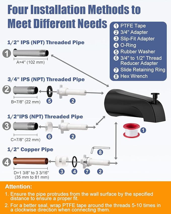 Universal Bathtub Tub Spout with Diverter, Fits 1/2" Slip-Fit Copper Pipe and 1/2" IPS & 3/4" IPS Thread Connections,Bathroom Tub Faucet Replacement with Adapters,PTFE Tape and Hex Wrench(Matte Black)