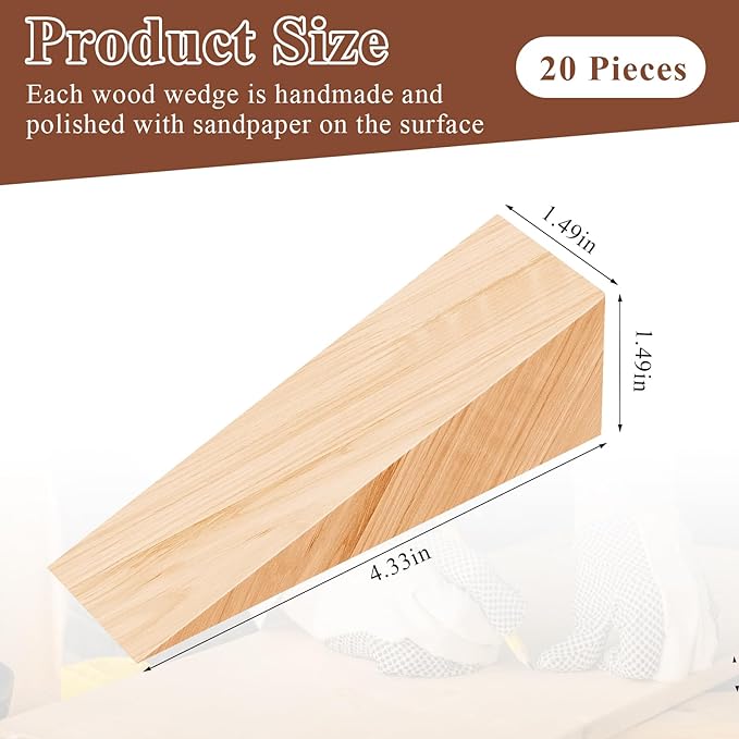 20 Pack Wooden Wedges for Chair Caning Supplies, Non Slip Wood Door Stopper, Triangle Wood Block for Chair Caning Door Stop, Large