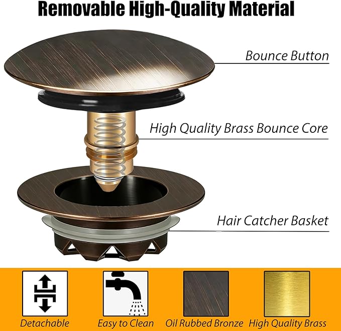 Anlige Bathtub Drain Stopper, Pop Up Tub Stopper and Cover, Bottom with Hair Catcher, Universal for 1.45 to 1.8in Drain, Replaces Old Drain Plug, Oil Rubbed Bronze