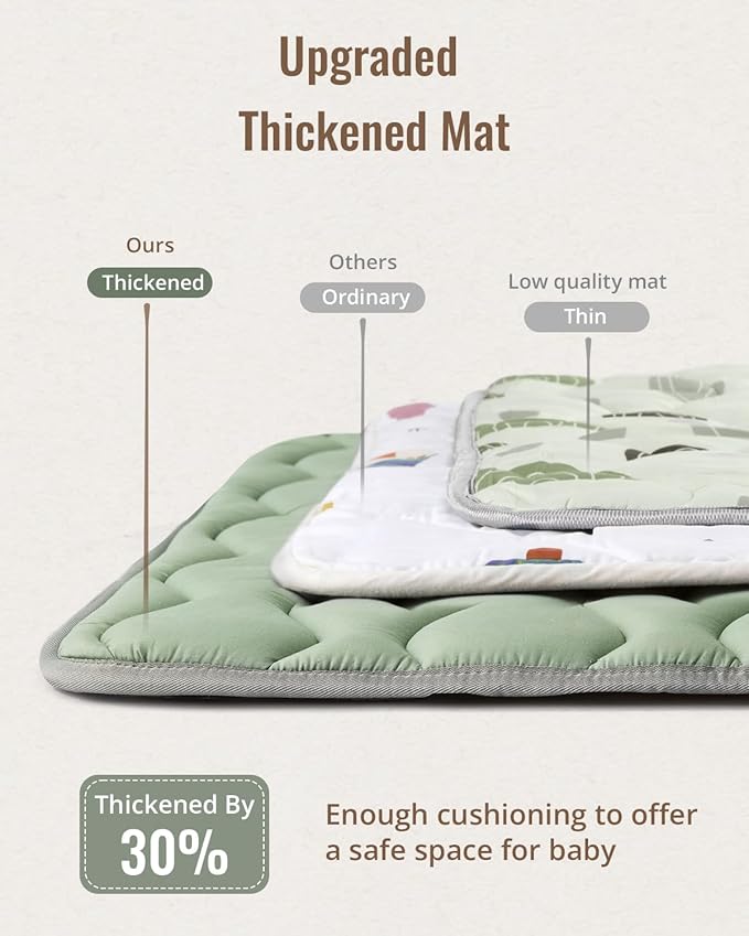 Blissful Diary Portable Baby Play Mats for Floor, 43" X 43" Thicker Cushioned Foldable Baby Crawling Mat for Indoor Outdoor, Non-Slip & Washable Kids Playmat for Tummy Time Activity, Sage Green