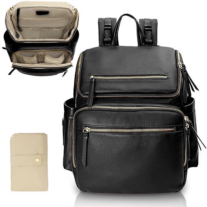Omanmoli Diaper Bag Backpack Baby Diaper Bag Leather with 17 Diaper Bag Organizing Pouches,Changing Pad,Stroller Straps,4 Insulated Pockets,Black