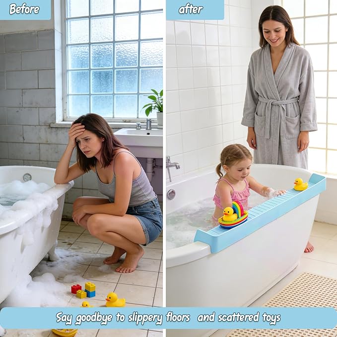 Splash Guard for Bathtub Kids - Silicone Bathtub Splash Guard with 11 Suction Cups, Bath Tub Play Shelf for Kids & Toy Holder, Prevent Water Spill in Bathroom, Fun Bath Time for Toddlers Baby(Blue)