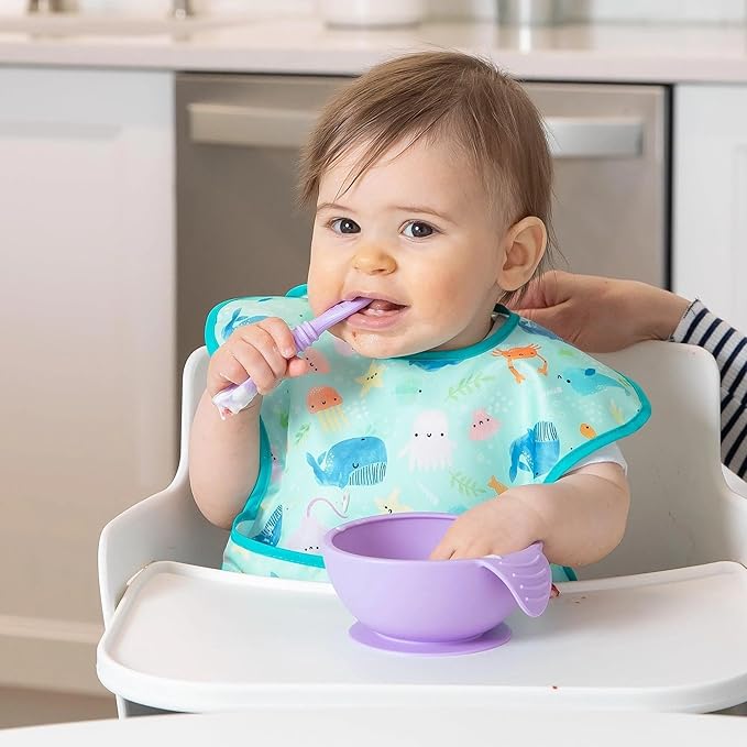 Bumkins Bibs for Girl or Boy, SuperBib Baby and Toddler 6-24 Months, Essential Must Have for Eating, Feeding, Baby Led Weaning Supplies, Mess Saving Catch Food, Waterproof Fabric 3-pk Blue Ocean Life