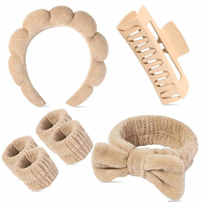 7 Pcs Spa Set, Facial Headband and Wristband Set, Skincare Accessories, College Style Girl Idea Gifts, Hair Accessories for Women and Girls（Brown）