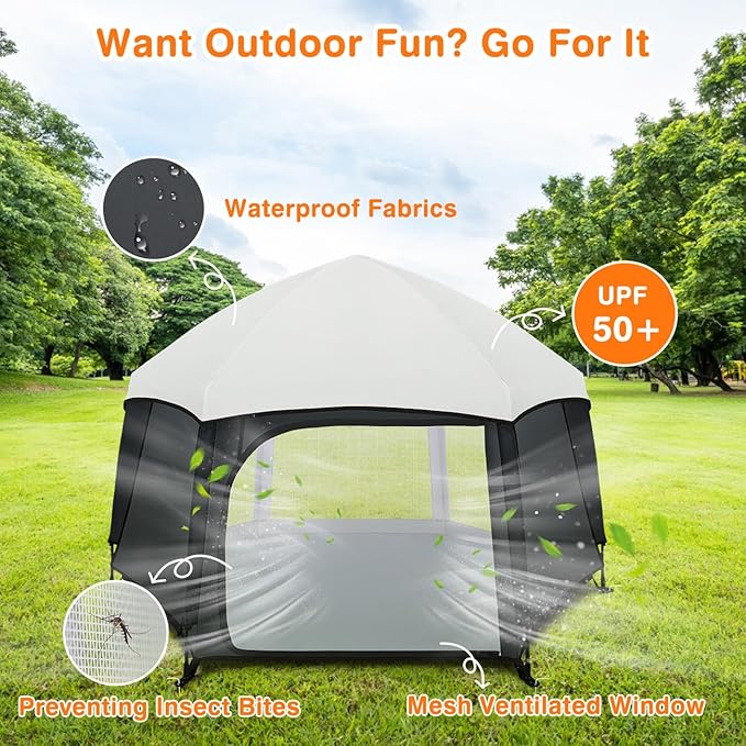 Zooawa Pop Up Playpen for Baby, Portable Playpen for Babies and Toddlers with Removable Sun-Shades& 2 Side UV Covers, Lightweight Outdoor Baby Play-Pen for Beach Home with Travel Bag, Black