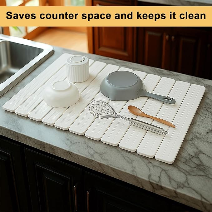 Stone Dish Drying Mat 24"×16" – Super Absorbent Diatomite Earth – Quick Dry, Collapsible & Eco-Friendly Drying Mat for Dishes, Bottles & Utensils