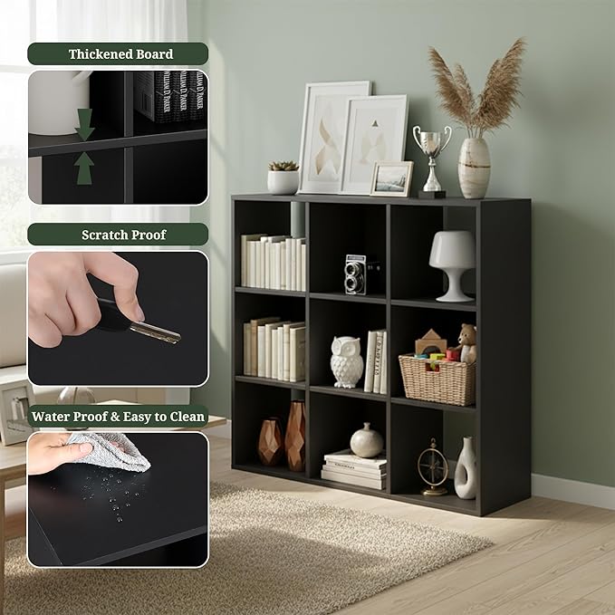 9-Cube Storage Organizer, Black Bookshelf with Open Compartments for Home Office, Modern Bookcase Display Shelf for Living Room, Bedroom & Entryway