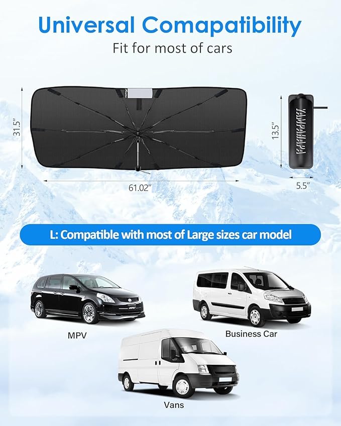 [2025 Upgrade] Windshield Sun Shade Umbrella, Foldable Car Sun Shade with Vinyl Coating Heat Shield UV Ray Reflector Keeps Cool and Protect Interior, for Auto Trucks Sedan SUV (61" x 31")