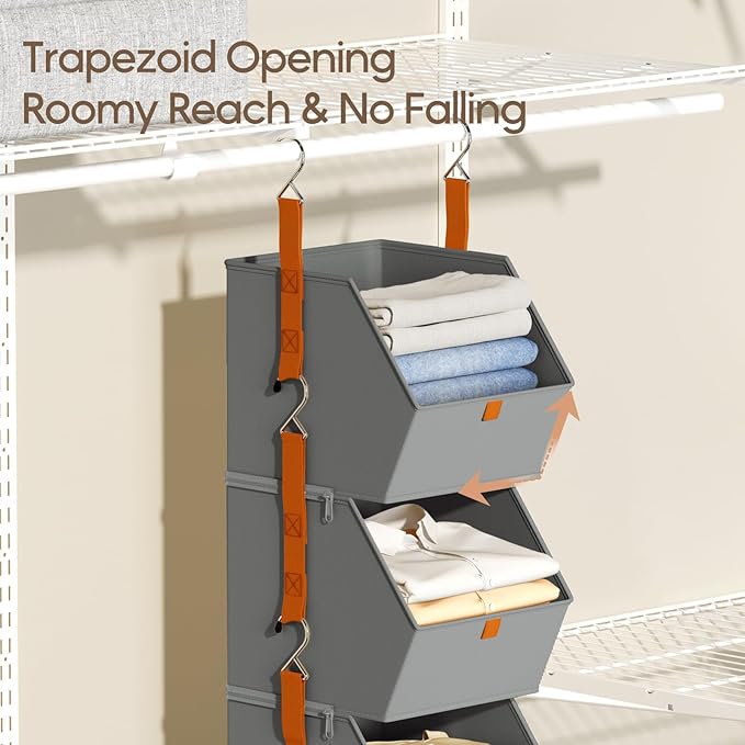 Collapsible Hanging Closet Organizer - 6 Tier Closet Shelves Storage System with Hooks, Fabric Hanging Storage Bins for Clothes, Foldable Storage Basket for Laundry, Bedroom, Rv, Grey