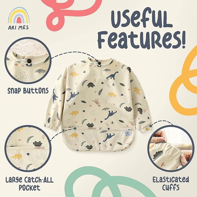 ARI MES Long Sleeves Waterproof Baby Bibs for Eating - Green, Large- Wearable, Coverall for Toddler, Long Sleeve Bib, Smock Apron for Feeding - Applicable for 6-72 Months