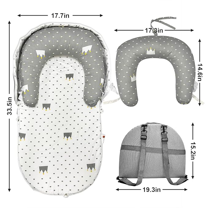 Baby Lounger, Foldable Portable Waterproof Baby Nest Cover, 0-24 Months Newborn Tummy Time Training & Seating Support Pillow, Dual-Use Breathable Infant Lounger Backpack for Home & Travel (Gray)
