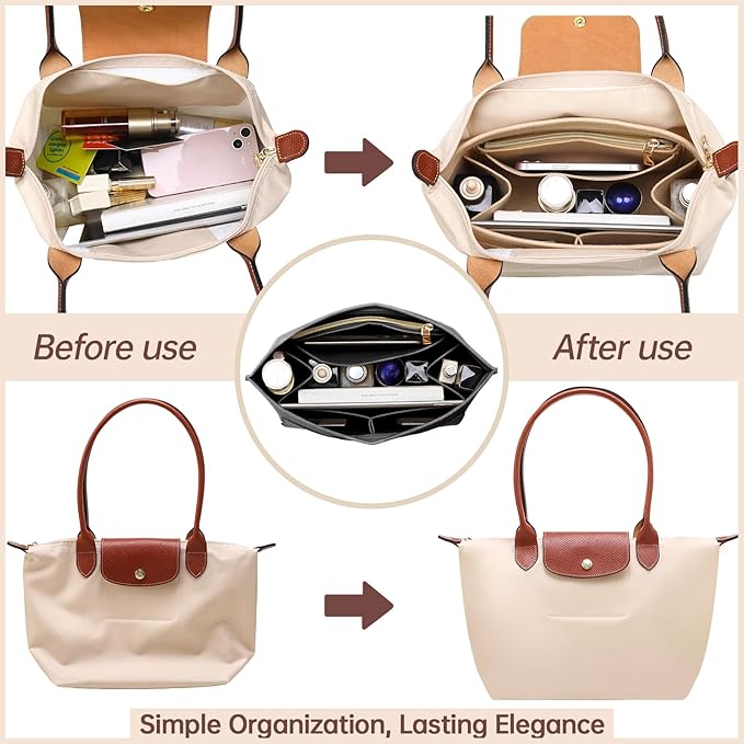 OPPOSHE Purse Organizer Insert for Longchamp Le Pliage, Premium Felt Long Champ Bag Handbag Women, Tote Organizer Insert with 9 Compartments (Large, Grey)