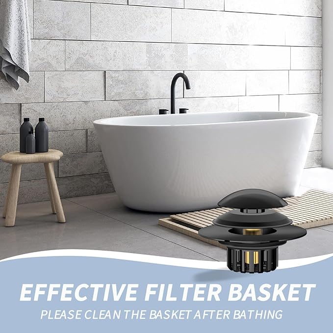 2 in 1 Tub Stopper Bathtub Drain Hair Catcher with Dual Filtration Design, Anti-Clogging Bathtub Drain Plug Bath Tub Stoppers for 1.45-1.8" Drain Shoe, Black