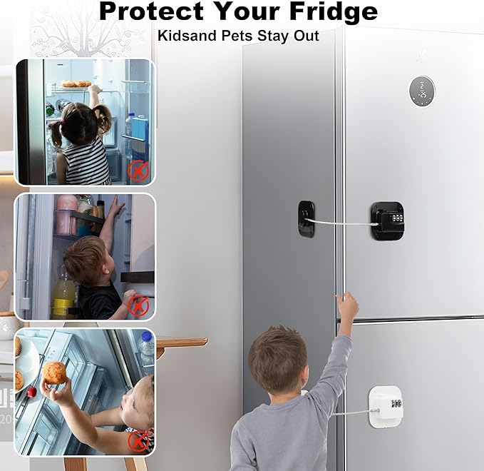 Child Proof Refrigerator Lock, 3 Digit Code Child Proof Fridge Lock for Kids, No Drill Self Adhesive Baby Safety Locks for Oven, Cabinet, Toilet Seat & Furniture, 2 Pack, Black & White