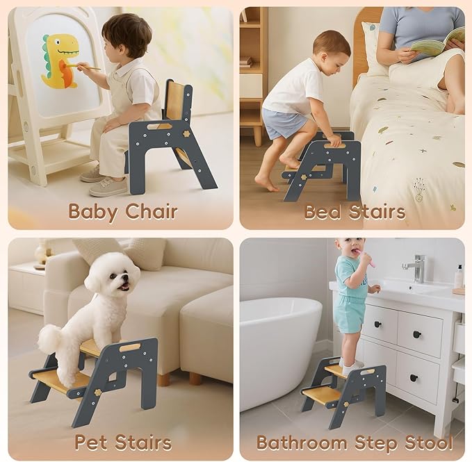 Toddler Step Stool, 2 in 1 Kids Step Stool with Safety Non-Slip Pads and Handles, Wooden Potty Training Stool, Kids Stools Toddler Stool for Bathroom Sink, Kitchen, Bedroom, Nursery, Navy Blue