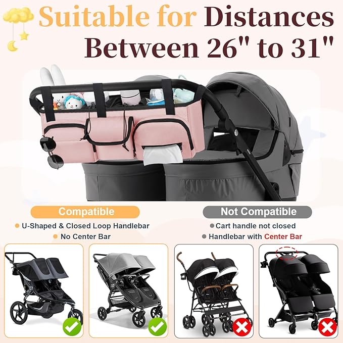 Double Stroller Organizer Compatible with Bob Duallie and Baby Jogger City Mini GT2, Double Baby Stroller Accessories with Cooler Bag, Parent Console Double Jogging Stroller Caddy, Pink