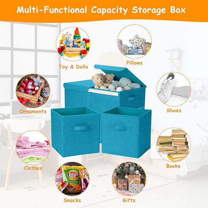 Fiwochic 3 Pack 23" Large Toy Storage Box with 11" Cubes Bins, Collapsible Toy Organizer Chest with Lids for Kids Nursery Playroom Bedroom Living Room Christmas Ornament Storage Box(Blue)