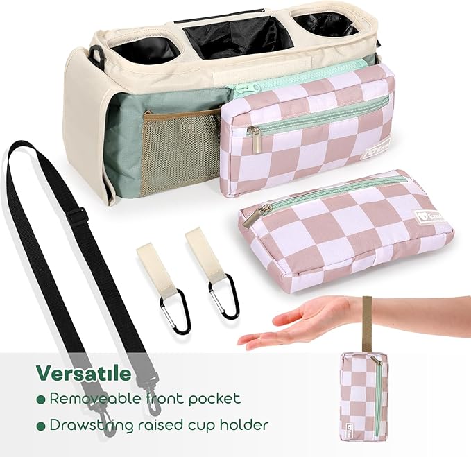 Universal Stroller Organizer with Insulated Cup Holders and Detachable Phone Bag,Stroller Caddy Fits for Stroller Accessories like Uppababy, Baby Jogger, Doona, Nuna Stroller (Green Square grid)