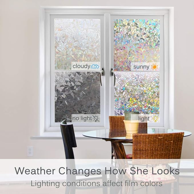 Volcanics Window Privacy Film with Installation Tools, Static Window Clings Vinyl 3D Decals Stickers Rainbow Window Film for Glass Door Home Heat Control Anti UV 23.6 x 78.7 Inches