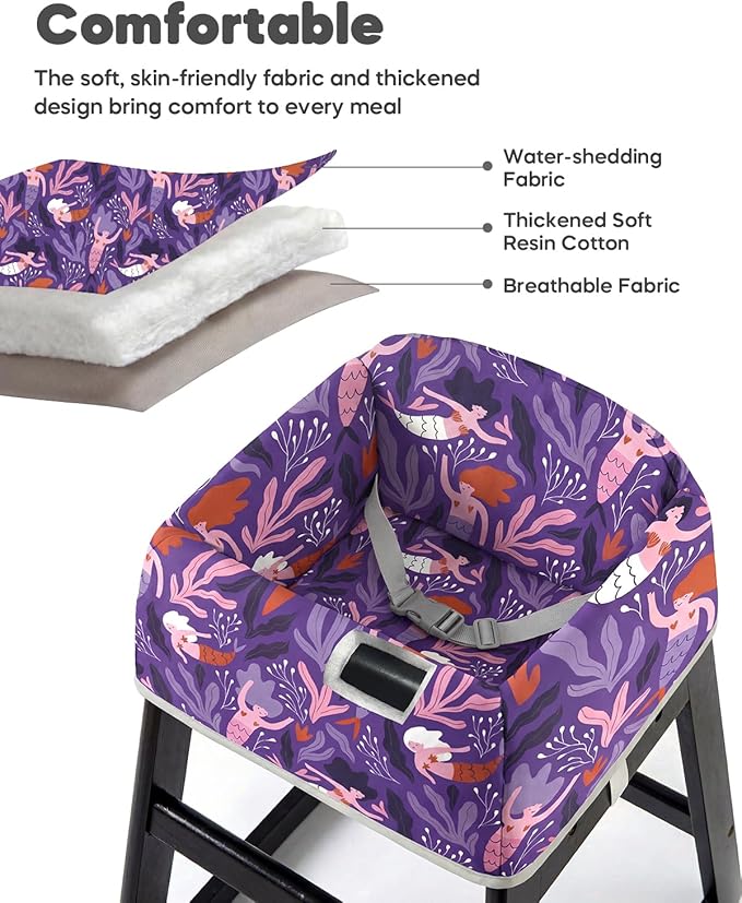 mamatepe Reusable Baby High Chair Cover with Strap Pads & 2-Point Harness, Waterproof Portable Seat Cover for Restaurant Travel Home, Purple