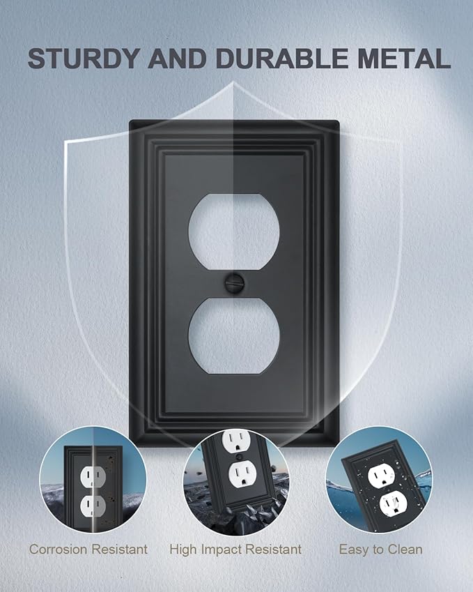4-Pack Black Outlet Covers, Metal Duplex Wall Plates for Receptacles, Light Switch, Durable Electrical Outlet Cover Plates, 3.15''*4.88'', Midsize