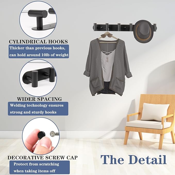 Coat Hook Rack, Wall Mounted Coat Rack with 4 Hooks, Heavy Duty Towel Hooks Rack Wall Hooks for Hanging Clothes Jacket, Stainless Steel Coat Hanger for Bathroom Entryway Mudroom(Matte Black)