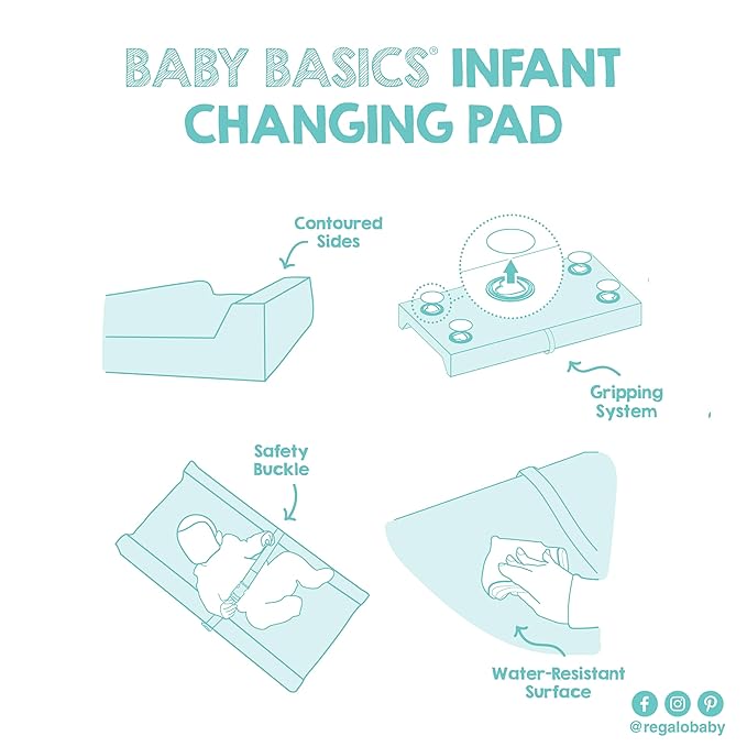 Regalo Baby Basics Changing Pad with Non-Slip Grip System, Waterproof Diaper Changing Pad for Dresser or Changing Table, Contoured Infant Changing Pad with Safety Strap, White