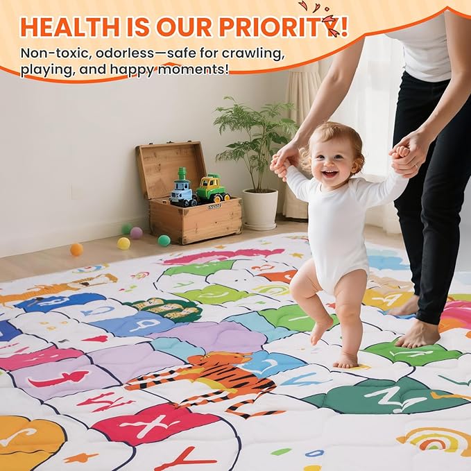 Duwenem Baby Play Mat for Floor,50x50 Inch Soft Padding Crawling Mat, Foldable and Machine Washable, Thick for Babies & Toddlers,Animal School