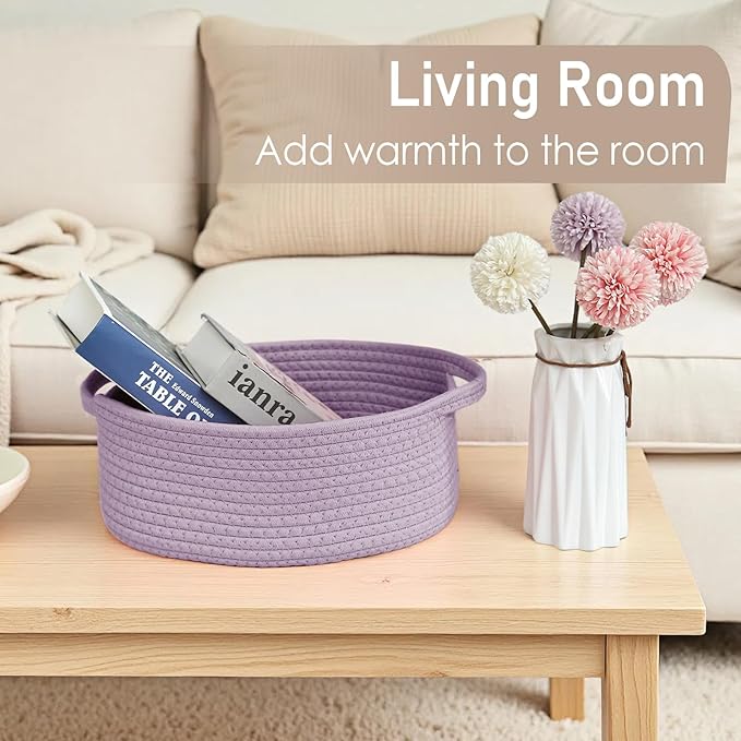 JMvicyroam Woven Basket,Small Rope Storage Bin with Handles & Ribbon Bag, Organizer for Shelves Closets,Gift Basket Empty for Birthday,Books,Dog Toys, Purple/2 Pack
