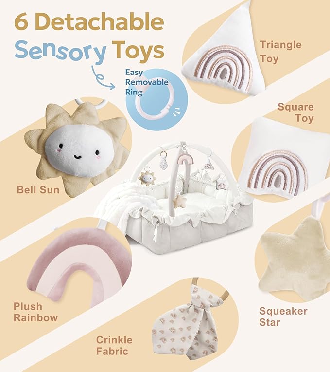 Mallify 5-in-1 Plush Baby Play Gym, Baby Play Mat, Convertible Baby Gym with Blanket and 6 Toys, Tummy time mat, Baby Activity Center from Newborn to Toddler,Baby Gym,Ball Pit,Newborn Essentials,White