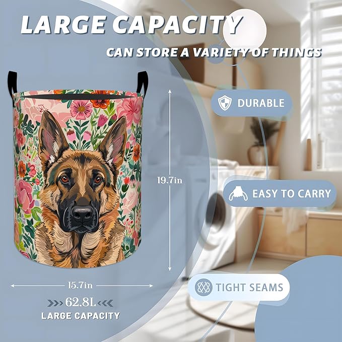 Noble German Shepherd with Floral Laundry Basket with Handles, 19.7"x15.7" Clothes Foldable Laundry Hamper Organizer for Dorm Nursery Bedroom Bathroom Decor, Toy Storage Bin for Kids