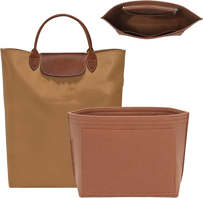 Premium Felt Purse Organizer Insert for Longchamp Le Pliage M Top Handle Tote Bag, Lighweight Long Champ Medium Tote Divider with Zipper Pocket,Bags Storage Shaper with 7 Pockets, Glod Brown/SM