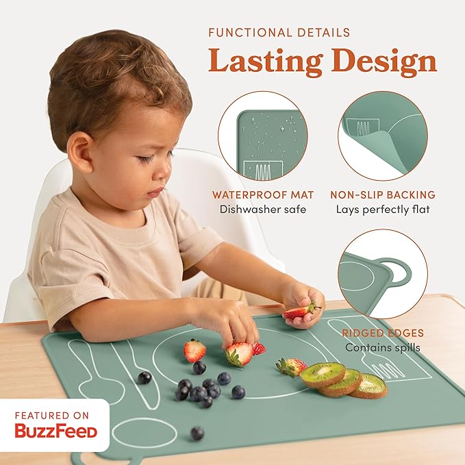Kids Silicone Montessori Placemat for Toddlers | Children Plate Mat for Dining Table Setting | by Fire Rooster Kids (Green, 2)