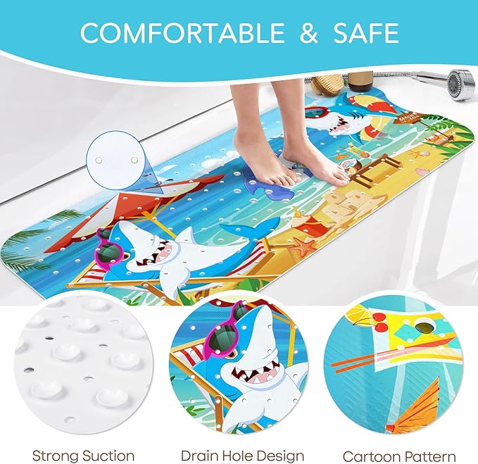 SHUCHING Baby Bath Mat for Tub Non Slip-40 X 16 Inch, Bathtub Mat Non Slip for Kids, Toddler Long Shower Mat for Bathroom, Shark