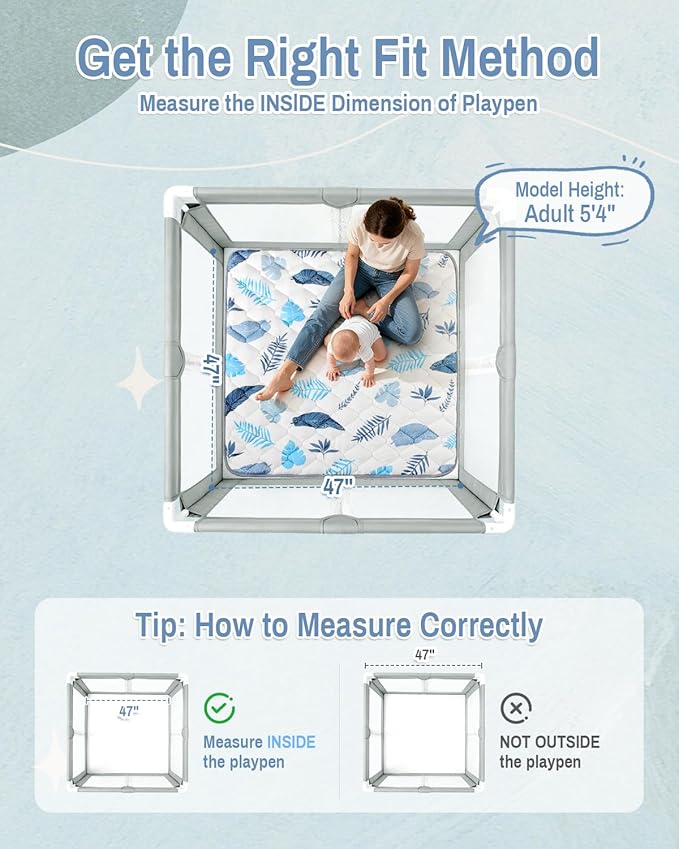 Baby Play Mat, 47x47 play mat for playpen, Non-Slip 47x47 playpen mat, Foldable Portable Playmat Suitable for babies learning to crawl and for travel